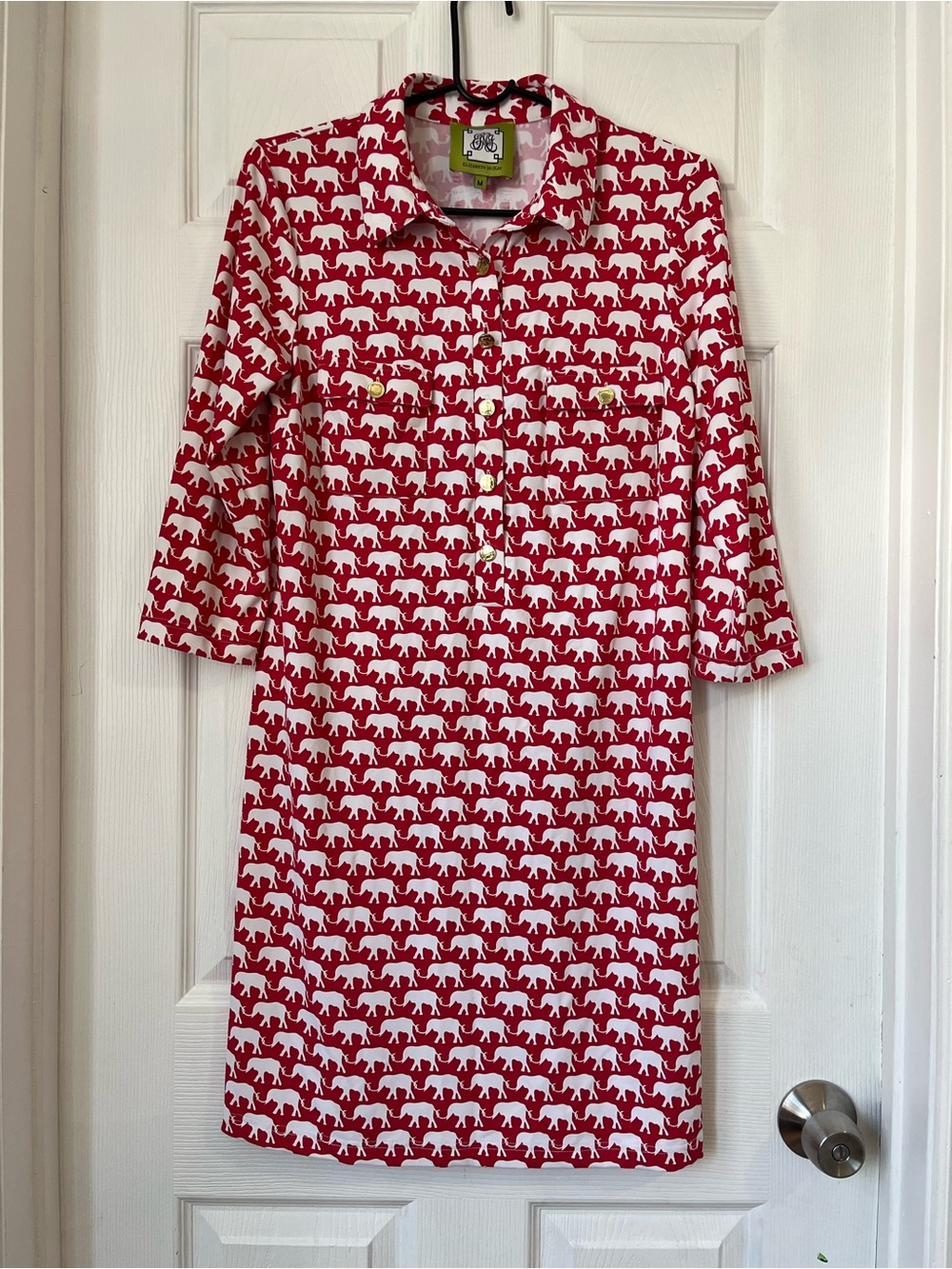 Elizabeth McKay Taylor Elephant Print Shirt Dress Red White Medium